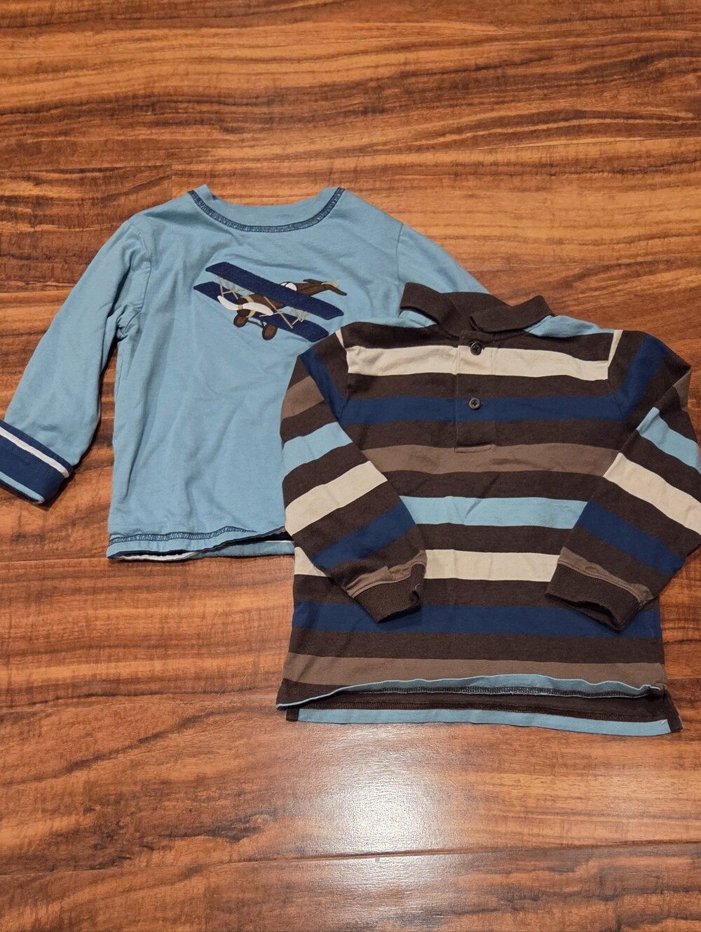 Janie and Jack EUC 2T Blue/Brown Striped Polo and Reversible Airplane Top